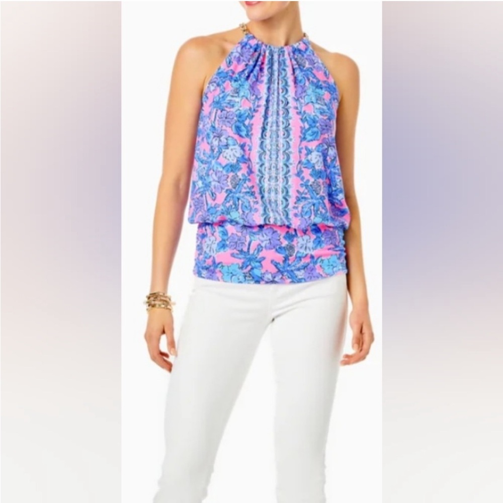 Lilly Pulitzer Bowen Halter Top Pink Palm Paradise Engineer - Picture 2 of 9